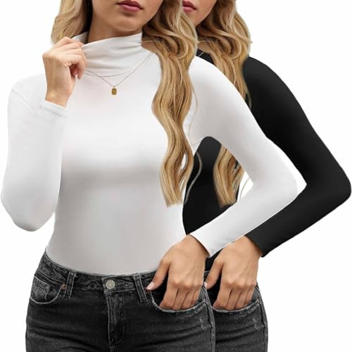 Yutdeng T-Shirt Femme à Manches Longues Col Roulé Hiver Automne Léger Basique Haut Élégant Chaud Col Montant Tee Shirt Blouse Couleur Unie Pull,Blanc+Noir,XXL