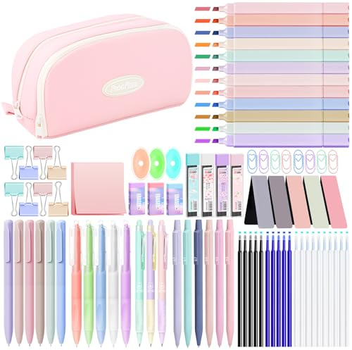 Yibonika 85-delars Estetiskt Skolset med Pencillåda - 12 Pastell Markerpennor, 3 Raderbara Bläckpennor, 11 Gelpennor, 6 Tryckpennor Set - Skolmaterial för Tjejer i Clean Girl-stil