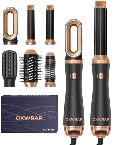 OKWRAP Airbrush Magic Styler Airstyler Set Hair Styler 6 in 1 Hair Dryer Brush with Curl, Straighten, Volumise, Smooth and Hairdryer Brushes for Styling, Hot Hair Styler for All Hair Type/Length