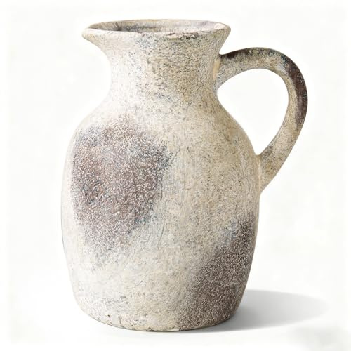 Magclay Ceramic Rustic Vase with Handle, Decorative Jug Pitcher, Terracotta Stone Vase for Decor Living Room, Vintage Home Decor, Natural