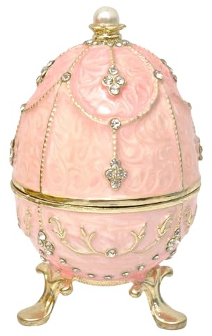 Qsabv Hand Painted Trinket Box Easter Egg Figurine, Faberge Egg Style Hinged Decorative Box, Enameled Small Jewelry Organizer, Metal Unique Gift for Home Decor, Pink