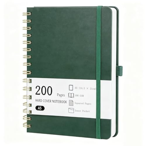 RITOLLO A5 spiralanteckningsbok, 200 sidor, inbundet PU-läder 5 mm punktrutnät, anteckningsbok med prickade rutor för bullet journal, arbete och studier (mörkgrön)