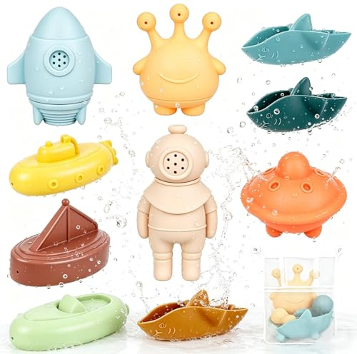 Giocattoli da bagno, 11 pezzi Giocattoli Acquatici in silicone per neonati, giocattoli ad acqua bambini, Giocattoli da vasca con borsa portaoggetti, Giocattoli da piscina Regalo per bambine e bambini