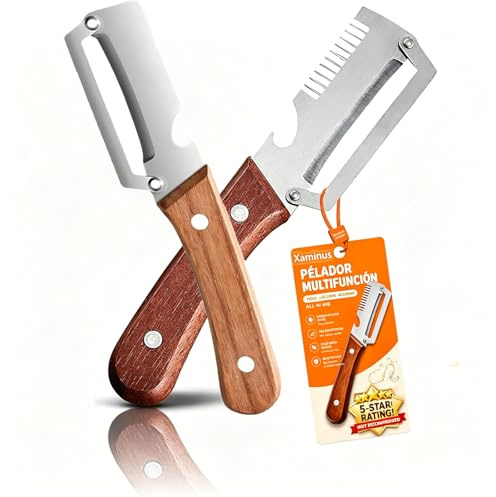 Pelador de verduras multifunción 5 en 1 para cocina con hoja de acero inoxidable ultraafilada y mango de madera ergonómico: pelar patatas, zanahorias y abrir botellas de vino sin esfuerzo (2PCS-MIX)