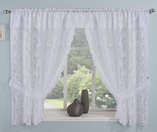 Maple Textiles Victorian Lace Floral Pattern Window Curtain Net Set in White with Attached Pelmet/Valance Tiebacks Included (Width 110 x Drop 36 (280 cm x 91 cm))