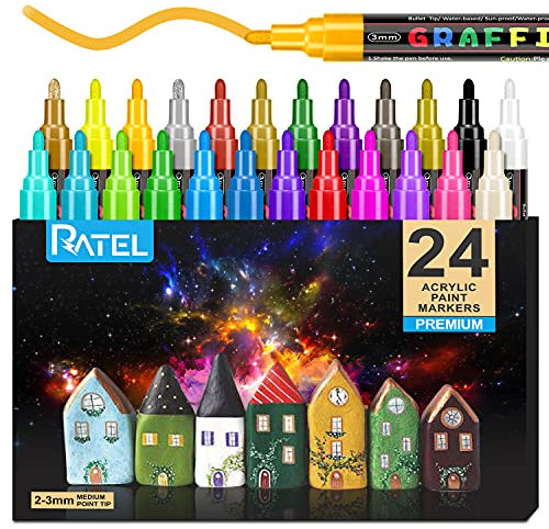 RATEL Rotuladores de pintura acrílica 24 colores Prima Impermeable Permanente Rotuladores para pintura rupestre, proyectos de bricolaje, cerámica, vidrio, lienzo, taza, metal, madera-Consejo medio