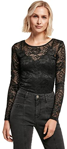 URBAN CLASSICS Body Nero in Pizzo per Donna, Body Nero in Pizzo con Maniche Lunghe, Fantasia Floreale, Body Disponibile Anche per Grandi Taglie XS- XL