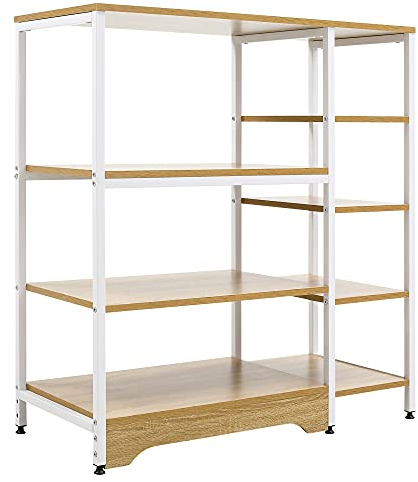 HOMCOM Küchenregal Standregal Lagerregal Eckregal mit 7 Einlegeböden rutschfesten Fußkappen Metallregal robust und stabil Metall MDF Stahl Weiß+Natur 90 x 40 x 95 cm