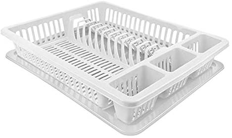 VIRSUS Scolastoviglie con vassoio raccogli goccia, dimensioni 45,5x30x8,5 cm, Scolapiatti plastica per i bicchieri piatti e 2 scomparti per le posate Vari colori (bianco)