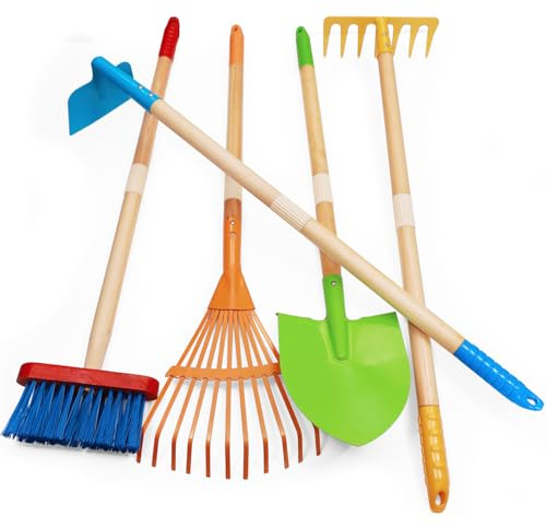 CHEERBANK Kids Garden Tools, Outdoor Toys, Shovel for Digging Sand, Kid-Sized Rake, 5PCS 27.6 Inch Long Gardening Tools for Boys Girls Age 3 and up Gifts