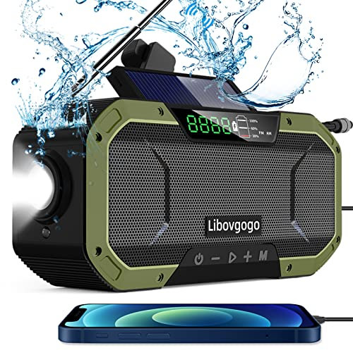 Radio de Secours avec Fonction de rechargement du téléphone Portable,Radio Portable FM/AM à manivelle avec Lampe de Poche Lampe de Lecture LED 5000mAh Powerbank,IPX5 étanche Outdoor Camping Radio