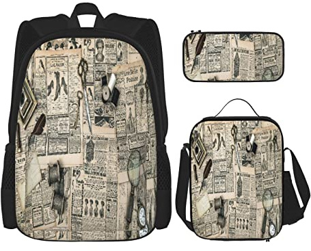 IUBBKI 3 Piece Set Backpacks Antique Old Fashion Magazine Sewing And Writing Tools Book Bag Travel Camping Work School Bag Pencil Case Lunch Bag Combination For Men Women Boys Girls