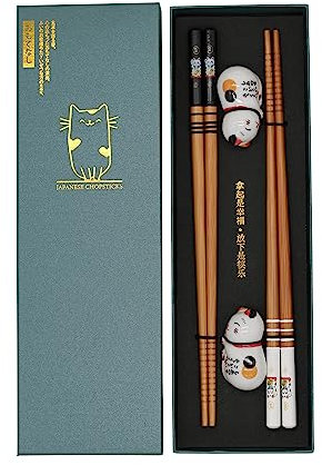 Sushi Essstäbchen Set Katze Kätzchen 2 Paar inklusive Keramik-Unterleger Cat Premium Holz Nachhaltig Chopsticks Japanisch Chinesisch Koreanisch Taiwanesisch