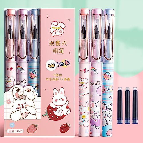 Ranvi Pen Set, 3 F Nib 0.5 mm Fountain Pens, 3 Ink Sacs, Blue Ink, For School Office Drawing Writing Gift Supplies (Pink)