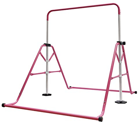Barre de Gymnastique Enfant Pliable, Barre Horizontale Réglable 115-155cm pour Entraînement à la Maison, Équipement Gym Enfants 3-8 Ans avec Anneaux, Idée Cadeau, Rose