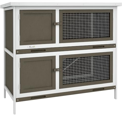 PawHut Conejera de Madera Jaula para Conejos de 2 Pisos 97x44x91 cm con Techo Asfáltico Puertas con Pestillo Bandejas Extraíbles y Rampa para 2 Conejos Marrón
