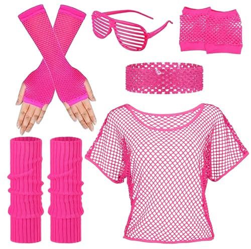 80-tals outfit dam, 90-tals outfit dam, 80-tals accessoarer, med nätskjorta, neonbenvärmare, näthandskar, fingerlösa näthandskar, pannband och neonglasögon för karneval, karneval