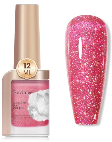 Bevimee Glitter Nail Polish 12ML Quick Dry Shimmer Holographic Long Lasting Nails Iridescent Fingernail Polish Reflective Nail Lacquer Sparkle Color for Beginner-1PC