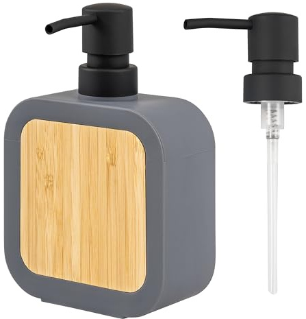 eluno nachfüllbarer Seifenspender mit Soft-Touch Oberfläche aus Kunststoff mit Bambus, für bis zu 300 ml Flüssigseife, Spülmittelspender, inkl. Ersatzpumpkopf & Eva Pads gegen Kratzer (Grau)