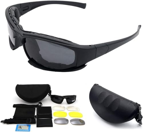 Kacepar Occhiali da sole sportivi polarizzati, X7 Occhiali protettivi tattici, Bici da corsa uomo, ciclismo, sci, pesca, con 4 lenti intercambiabili
