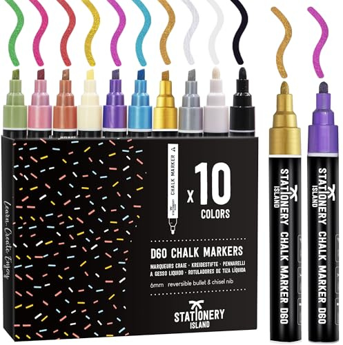 STATIONERY ISLAND Stylo Craie Pour Tableau Noir Effacable, Marqueur Craie Effacable, Feutre Craie pour le Verre Fenêtre, 6MM Lot de 10 Métallique Couleur
