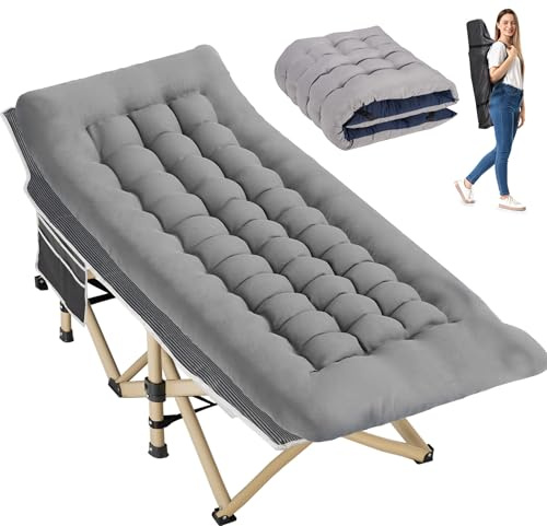 Candockway Folding Camping Cot with Comfy Mattress(Stripe Grey),600LBS(Max Load),Portable Cot Bed for Adults Include Carry Bags,28 Wider Sleeping Cots for Home,Office Nap,Outdoor Travel Camp Beach