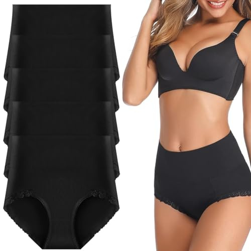 Lohhbve Donne a Vita Alta Slip Leggero Controllo Tummy Panties Cotone Knickers Morbido Biancheria Intima Traspirante Confezione da 5