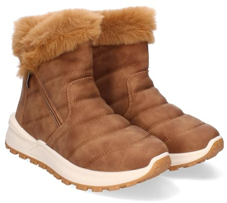 86205 Botines Planos de Mujer Calidos con Forro de Pelo, Suela Antideslizante, Adorno de Cremallera, Punta Redonda, Invierno. Camel Talla 39