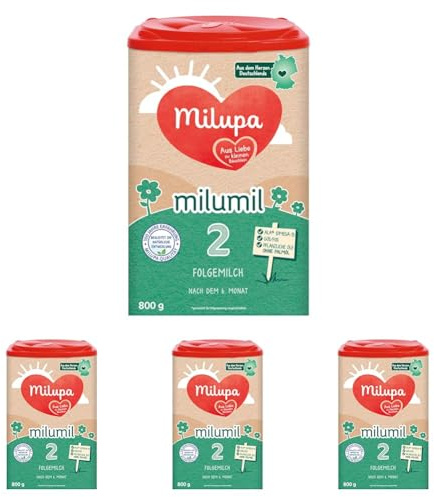 Milupa Milumil 2 – Folgemilch – Baby-Milchpulver – Nach dem 6. Monat – Passender Begleiter zur Beikost mit wichtigen Nährstoffen – Ohne Palmöl – 1 x 800 g (Packung mit 4)
