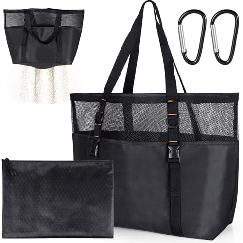TOPCZY Sac de Plage Femme XXL, Imperméable et Pliable, Sac de Plage Noir, Anti-Sable, Pliable Main Sac, Piscine, Voyage, L'été, Vacances, Vêtements, Jouets, Gym