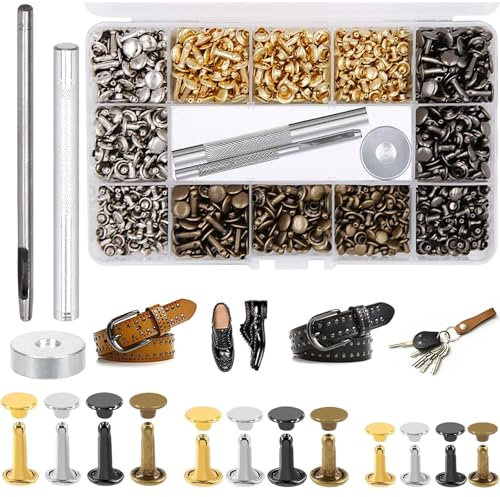 480 Set Leder Nieten Metallniete Doppelkappe in 3 Größen, Handgefertigt Hohlnieten, Ohrstecker Hohlnieten mit 3 Fixierwerkzeug Aufbewahrungsbox für DIY Lederhandwerk Kleidung Dekoration 4 Farben