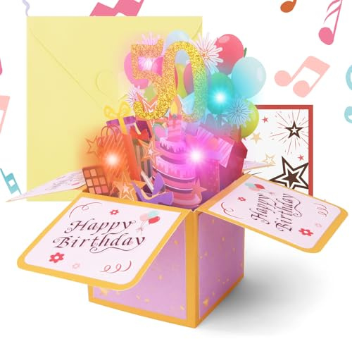 OFFCUP 50 Anni Biglietto Auguri Compleanno 3D Musicale e Luce Biglietti Auguri Regalo Divertente Pop Up Biglietti di Compleanno con Busta e Carta Biglietto di Auguri per Famiglia Amica Festa