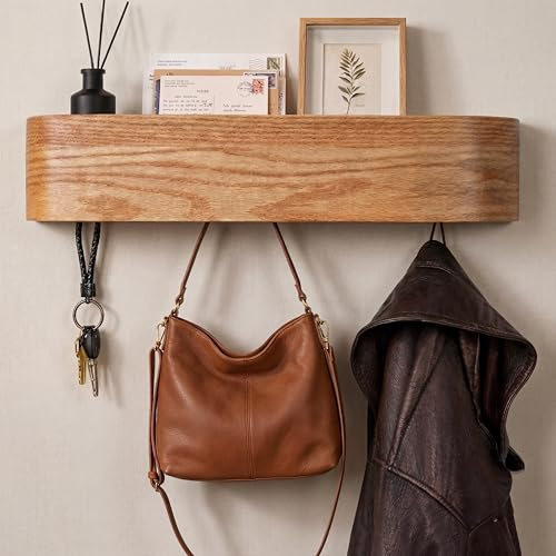 Yolochums - Coat Rack Wall Mount with Shelf | Wooden Coat Rack with 5 Hidden Hooks | Wall Shelf with Hooks and Key Holder | Entryway Organizer for Living Room, Bedroom, Bathroom | Oak
