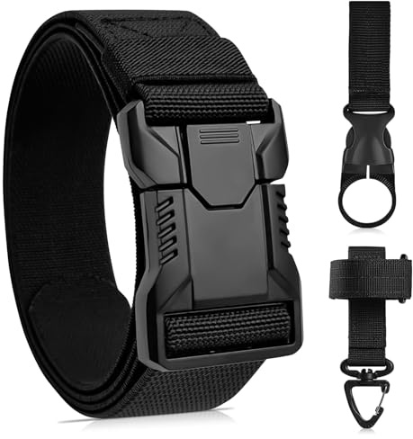 ZOCONE Black Quick Release Military Tactical Belt with 2 Velcro Hooks Adjustable Size Mens Belts Canvas 120cm/47.24in Stretch Mens Elasticated Belt for Work, Sports, Travel No Metal Work Belts for Men