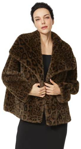 BEAUTELICATE Manteau Court Léopard En Fausse Fourrure Veste Polaire Teddy Femme Blouson Peluche Ample À Revers D'hiver Avec Poches Manches Longues Chaude Brun Foncé, S