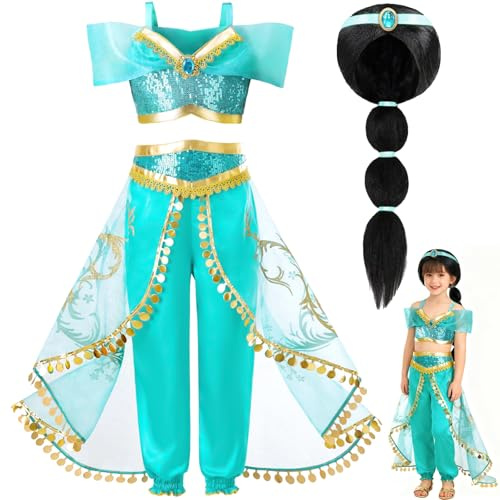 ZZXLOPEZ Jasmin, prinsesskostym, prinsessa, jasminkostym, barn med peruk och hårnät, prinsesskostym, klänning för cosplay, jul, halloween, födelsedagsfirande (110 cm)