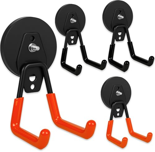 Xiuouix 4 Pack Heavy Duty Magnetic Garage Hooks,No Drill Installation and Rubber Coating for Scratch-Free Use,Space Saving Large Utility Hooks for Kitchen,Tools,Pegboard,Workshop (Red 2pcs+Black 2pcs)