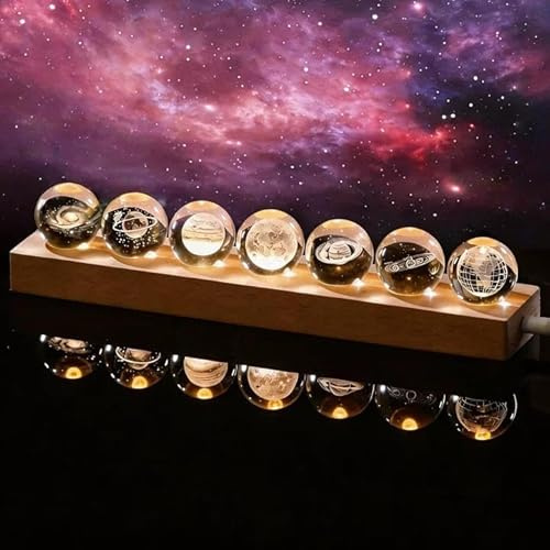 GOMETY 7 lampadine a sfera colorate con cielo stellato, sfera di cristallo 3D, luce notturna, 40 mm, con base in legno, sistema solare, sfera di cristallo, lampada a sfera di vetro per casa, camera e