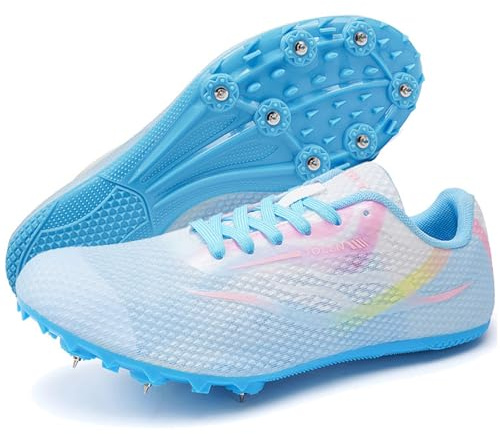 TvzsiY Zapatos de Atletismo para Hombres, Zapatillas de Entrenamiento Carreras Ligeras Cómodas, Zapatos Correr Competir con 7 Clavos Profesionales,Light Blue Pink,40 EU