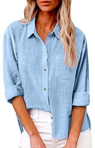 Generico Camicia Donna Manica Lunga in Lino Cotone Camicie Estivi Elegante Blusa con Bottoni e Tasca Casual Classico Leggero Lino Camicetta Donna da Lavoro Spiaggia