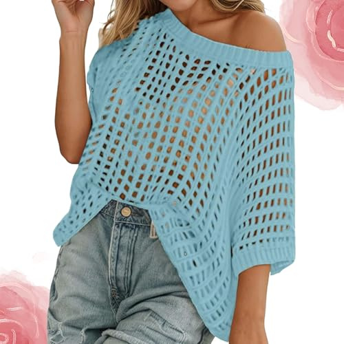 Top Crochet Mujer Verano Jersey Corto Punto Calado Camiseta Cuello Redondo Manga Corta Suéter Playa Rebeca Blanco Blusa