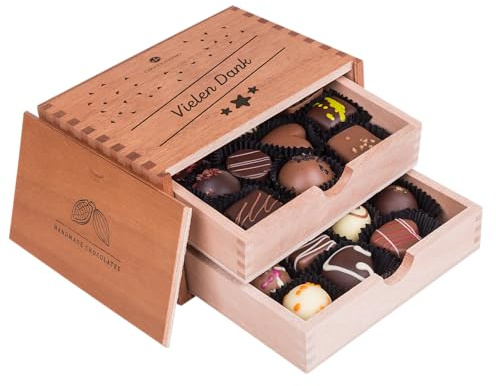 Chocolaterie - Vielen Dank - 20 exclusivos Surtido De Pralinés | bombones Praliné | regalo en caja de madera | sabores | Chocolate | agradecer | Adultos | Mujer | Hombres | muchas gracias | Madre