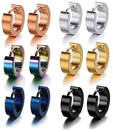 Juego de 6 pares de pendientes de aro de acero inoxidable 316L para hombres y mujeres（-）