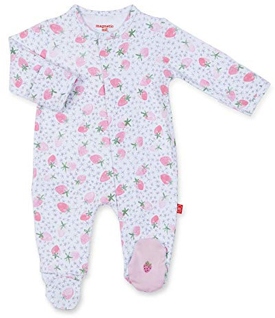 Magnetic Me 100% Organic Cotton Magnetic Baby Footie Pajamas | Super Soft Cotton Fabric | Strawberries and Cream | 0-3 Months