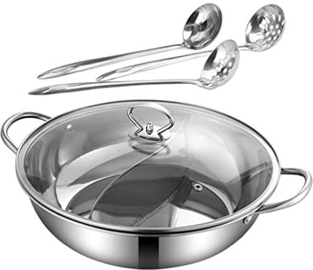 Cabilock Edelstahl Hot Pot Wok Topf mit Sieb Löffel Chinesischer Feuertopf Hot Pot Topf Edelstahl Yin Yang Hotpot Edelstahl Topf für Induktionsherd Silber
