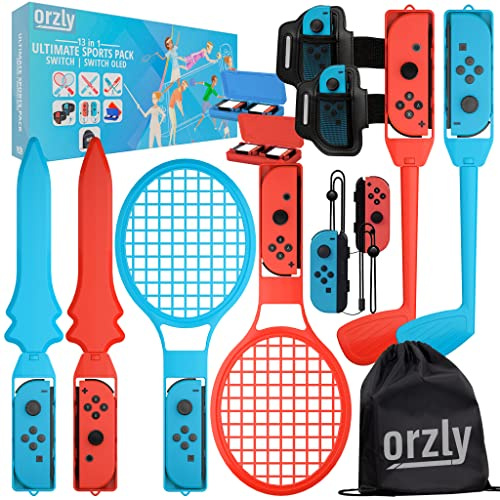 Orzly Switch Sportspel 2022 tillbehörspaket för Nintendo Switch & Switch OLED med tennisracketar, golfklubbar, Chambara svärd, fotbollsbenremmar och Joycon-grepp – med bärväska