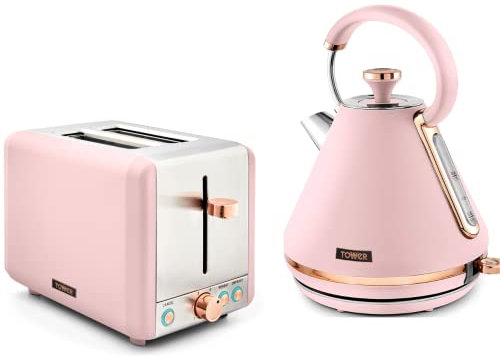 Tower Cavaletto Pink 1.7L 3KW Pyramid Kettle & 2 Slice 850w Toaster. Contemporary Matching Kettle & 2 Slice Toaster Set in Pink & Rose Gold