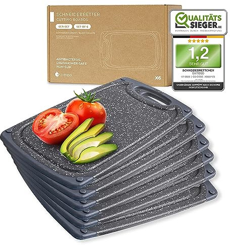 Exitoso Frühstücksbrettchen 6er Set Schneidebrett Marmoroptik Schwarz, rutschfest mit Saftrille und Griff, Spülmaschinenfest Antibakteriell Kunststoff Brotzeitbrett, 25x15cm Brettchen Set klein