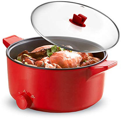 NEWCES Sartén eléctrica Antiadherente con Tapa Olla eléctrica de 5 l con Revestimiento Antiadherente y Mango Resistente al Calor 100% Libre de PFOA Fácil de Limpiar 1000 W Rojo