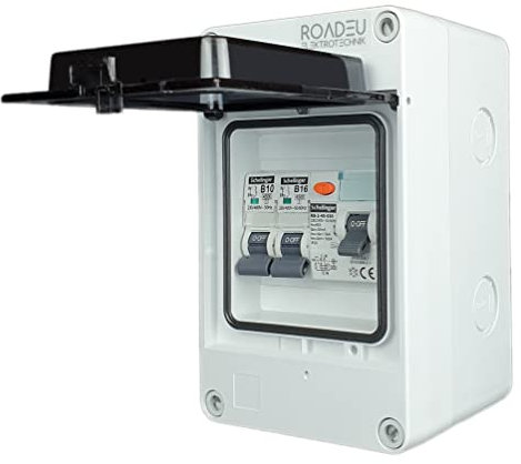 RoadEu - Leitungsschutzschalter - Komplett mit Fi Schutzschalter 40A 2P - 16A Sicherungsautomat und 10A B in einem Aufputz Verteilerkasten Sicherungskasten IP65 - Verteilerkasten Außen Wasserdicht